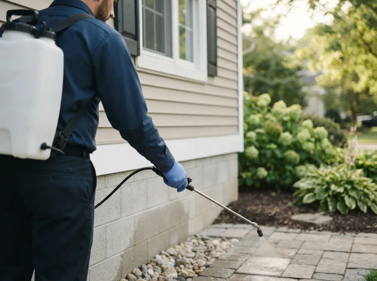 Pest control technician inspecting a home in Quebeck, TN